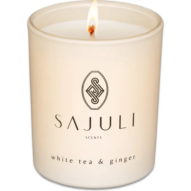 Sajuli Luxe Geurkaars – White Tea & Ginger – Sojawas – 40 branduren – Cadeauverpakking creme