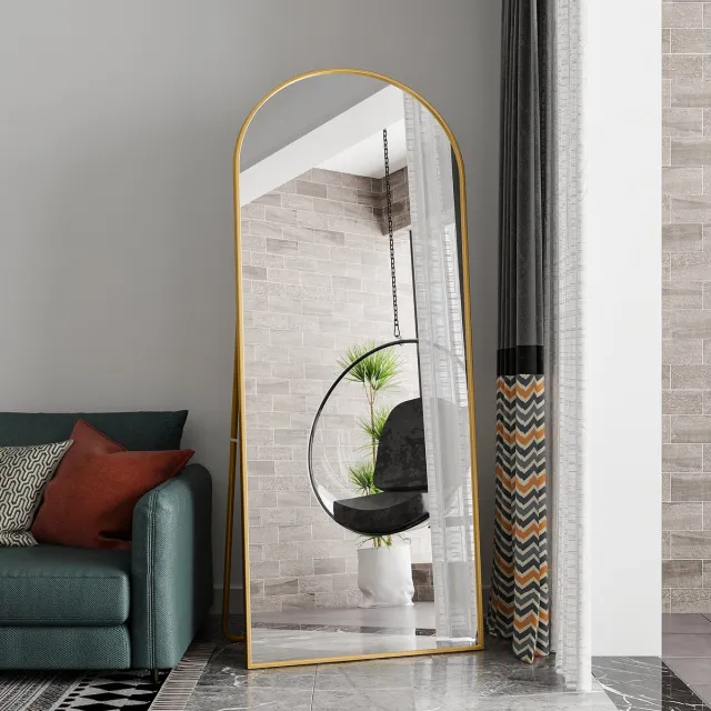 Solvenrik Boogvormige Staande Passpiegel – Full Body Spiegel met Aluminium Frame – HD Veiligheidsglas – Voor Slaapkamer, Hal & Kleedkamer Goud