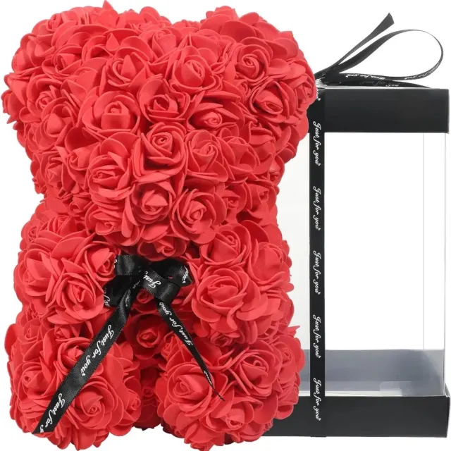 Home & Marker Kunstbloem Rozen Beer in Luxe Flowerbox - Handgemaakte Teddybeer van Synthetische Rozen - Perfect Valentijnscadeau of Jubileumgeschenk - 25cm - LOVEBEAR Rood