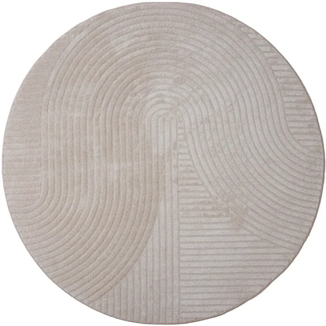 Veer Carpets Vloerkleed Ella Beige Rond ø240 cm - Design Hoog-Laag Vloerkleed met Lijnenpatroon in Scandinavische / Japandi Stijl