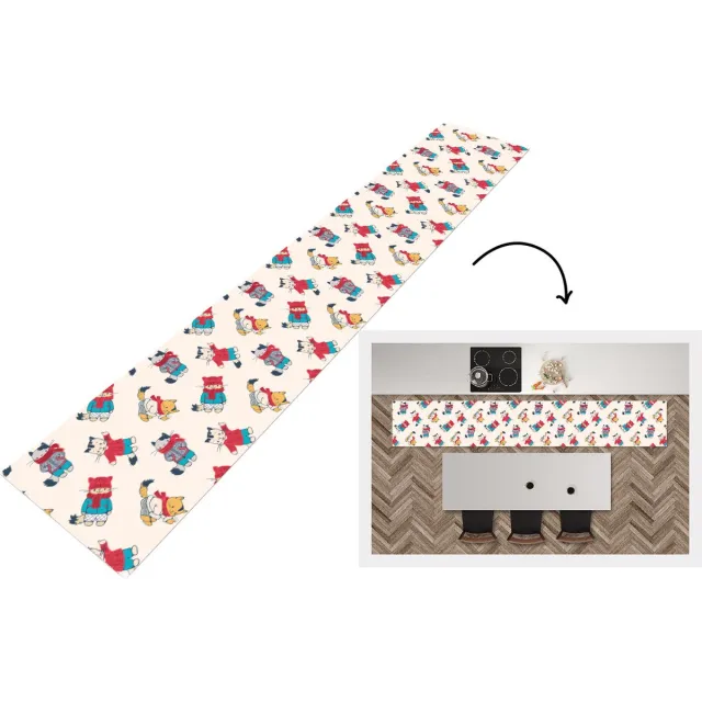 KitchenYeah Keukenloper - Loper keuken - Winter - Kat - Dieren - Patroon - 300x50 cm - Keukenloper vinyl Multicolor