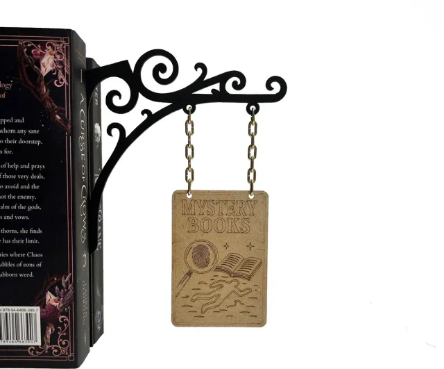 MyBookishNook Boekenbordje Mystery Books – Decoratief houten boekenbordje voor boekenkast – 3mm dun – Dubbelzijdig gegraveerd – Cadeau voor boekenliefhebbers mystery - zwart/bruin/goud
