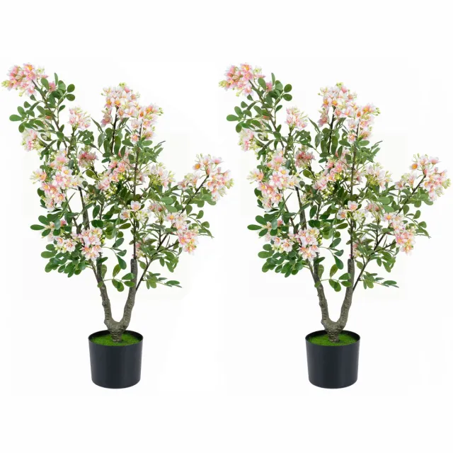Costway Set van 2 Kunstmatige Vlijtige Liesjes 90 cm Cementpot | Kunstbloem met Kunstgras 5 Bloeiende Takken, Kunstplant Binnen Buiten voor Woonkamer Slaapkamer Kantoor Groen, Roze