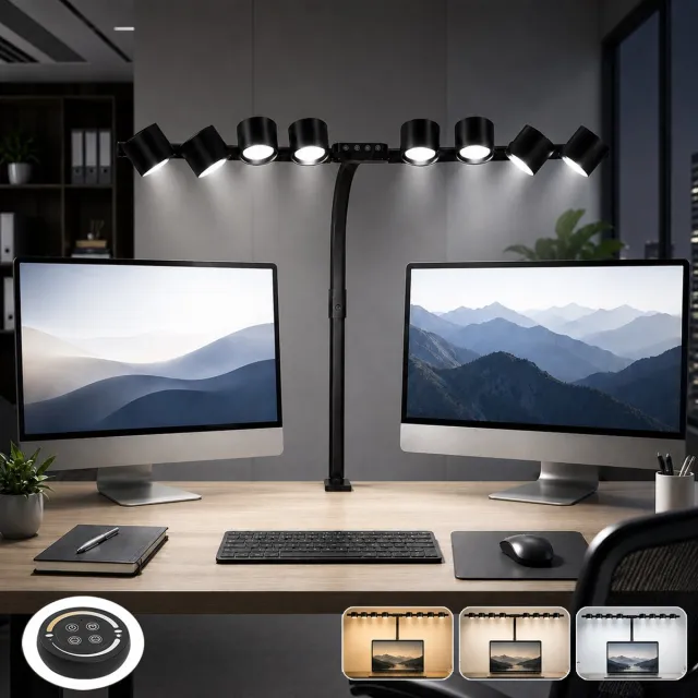 Rosnek LED Bureaulamp met Klem 1400lm - 8-Kops Architectenlamp Zwart - Dimbaar met Afstandsbediening - Monitorlamp voor Meerdere Schermen - Werkbanklamp voor Studio - Hobbylamp voor Tekenen en Handwerk