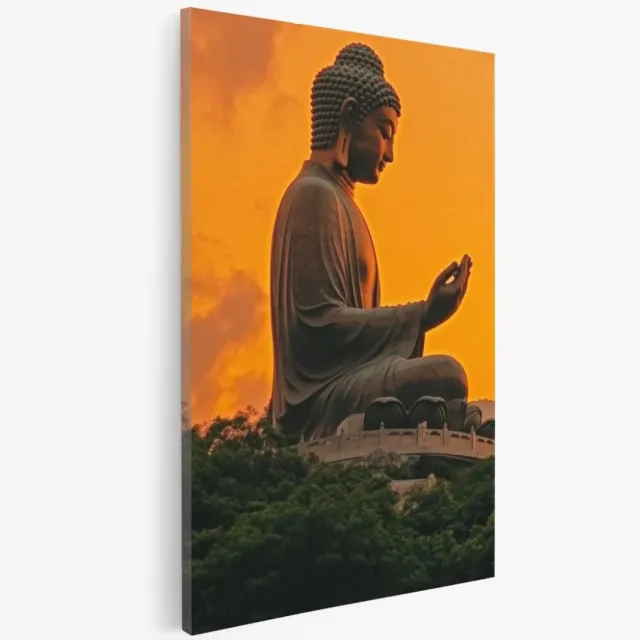 Saammp Canvas Schilderij - Boeddha op een berg met zonsondergang - 30x45 - Foto op canvas - Wanddecoratie - Muurdecoratie Woonkamer - Canvas schilderijen Multicolor