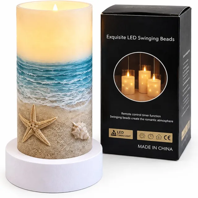 SWGOTA led kaarsen - 1 stuk, 7.5 x 15 cm, stranddecor en kogelvormige vlam, warm sfeerlicht voor binnen, op batterijen, zonder batterijen Blauw