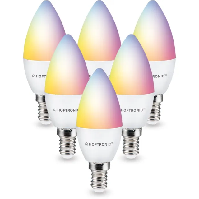 HOFTRONIC SMART E14 SMART Wifi LED Lamp 6 Stuks - RGBWW 5.5 Watt 470lm C37 Dimbaar - Bedienbaar via Hoftronic Smart App - Bedienbaar via stem