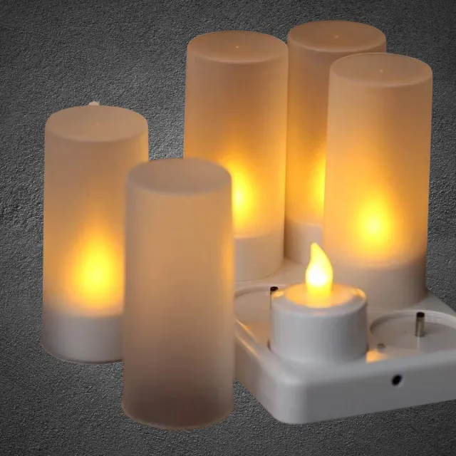 Q-Time Led Theelicht 6x - Warm Wit - Oplaadbaar - Waxinelichtje - Kaars - Vlam effect - blijft 18 uur branden na opladen. Warm Wit Theelicht