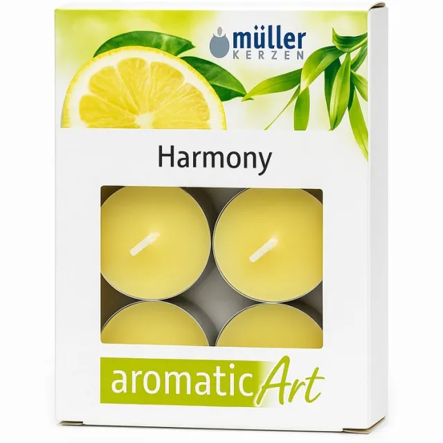 Müller Harmony Aromatic Art Theelichtjes – set van 6 – Ø 3,8×1,7 cm – aluminium houder – ca. 4 uur brandduur Groen