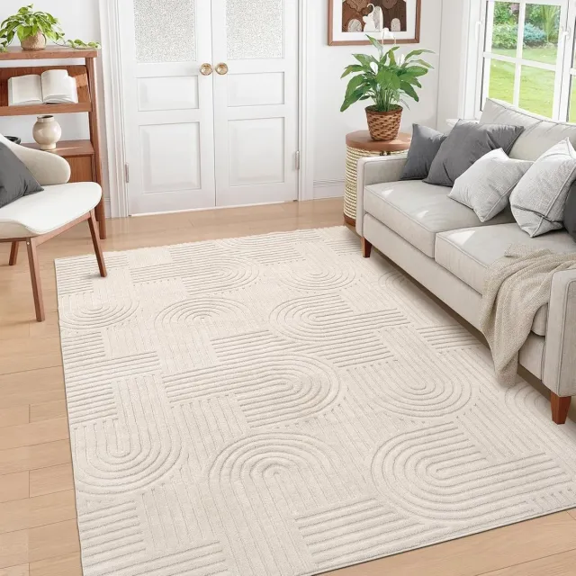 Enyhom Machinewasbare vloerkleden voor woonkamer , niet-pluizende 3D-vloerkleden voor slaapkamer, zacht, hoogpolig, antislip, groot, pluizig, mat voor kantoor, eetkamer, lounge, crème