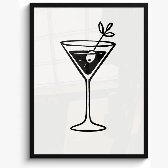 FrameYourWall Poster in lijst - Fotolijst 50x70 cm - Posters - Cocktail - Glas - Olijf - Minimalistisch - Posterlijst zwart - Decoratie - Wanddecoratie woonkamer - Muurdecoratie slaapkamer Cocktail - Minimalistisch