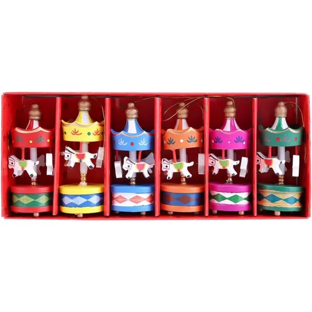 SNQ Kerstornamenten – Houten Draaimolen Paardjes – 6 Stuks per Set – Vintage Mini Hangertjes – Kerstboom Ornamenten – Gemengde Kleuren