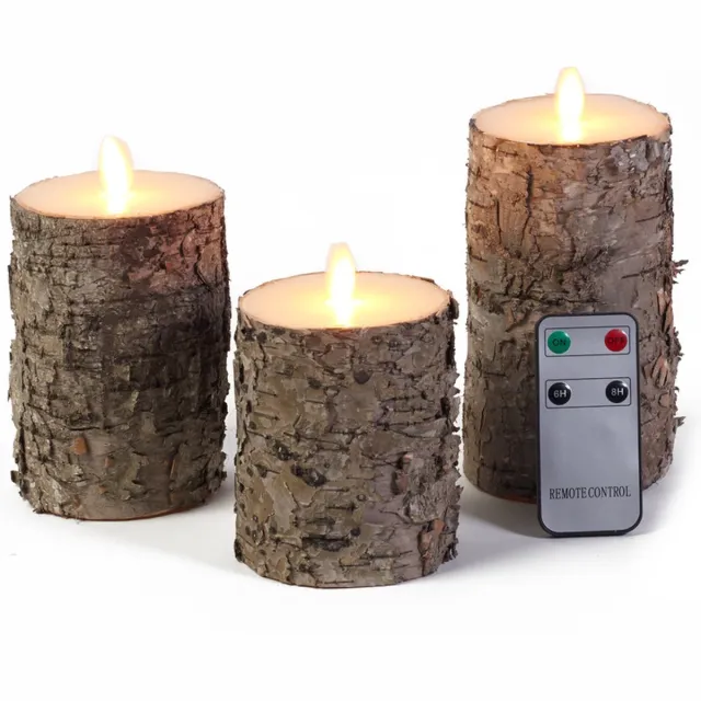 Anna's Collection Set van 3 luxe berkenhout kleur - LED stompkaarsen - met afstandsbediening - Woondecoratie - LED kaarsen - Elektrische kaarsen Bruin