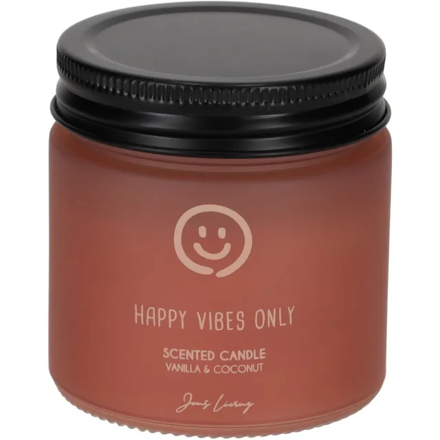 JENS Living Geurkaars - HAPPY VIBES ONLY - Branduren: 15u - Geur: vanille & kokos - 7 x 7 x 8 cm Roze