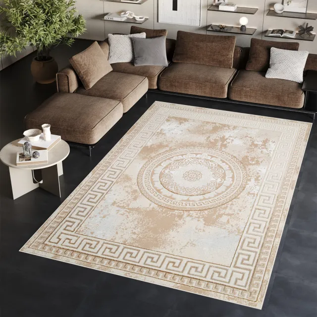 Tapiso Ares Vloerkleed Beige Frame Laagpolig Woonkamer Tapijt Maat- 120x170