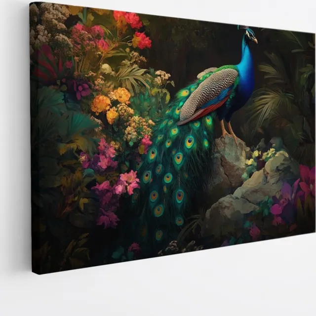Saammp Canvas Schilderij - Pauw tussen de gekleurde bloemen - Dieren - Natuur - 40x30 - Foto op canvas - Wanddecoratie - muurdecoratie Woonkamer - Slaapkamer decoratie - Canvas Print Multicolor