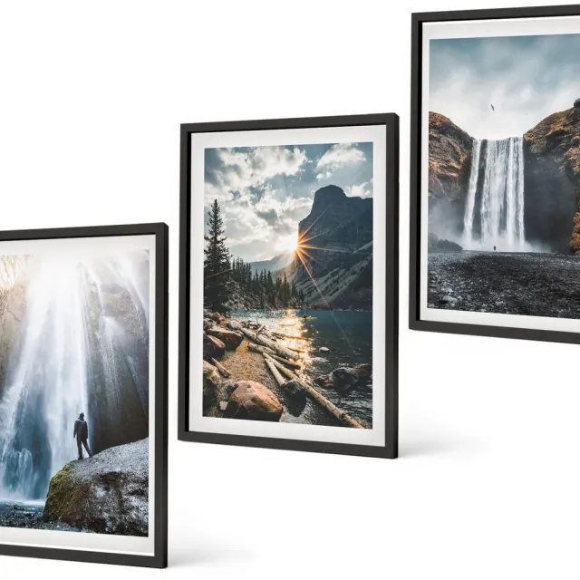 Coloray 3-Delige Schilderij Set - Watervallen In De Bergen Met Prachtige Natuurlijke Landschappen - 40 x 60 cm - Wanddecoratie - Muurdecoratie - Moderne Interieurdecoratie - Interieur Decoratie Zwarte lijst