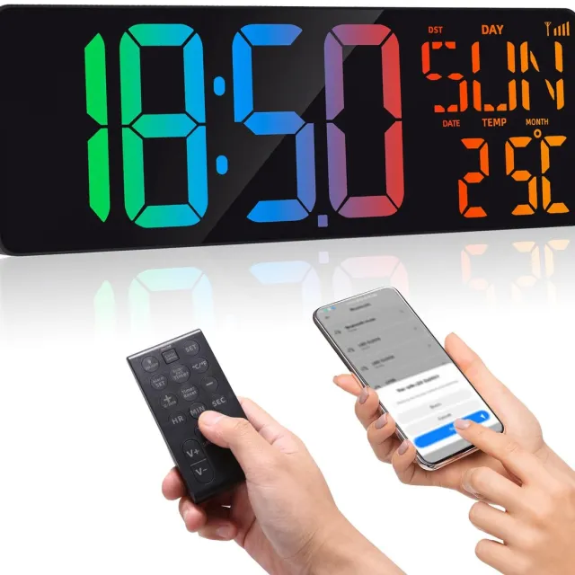 Ixydor Digitale Wandklok, 16,5'' Zwart Grote Digitale Wandklok voor Woonkamer met Afstandsbediening/Groot Display/Datum/Week/Temperatuur, 24/12 Uur voor Slaapkamer Sportschool Kantoor