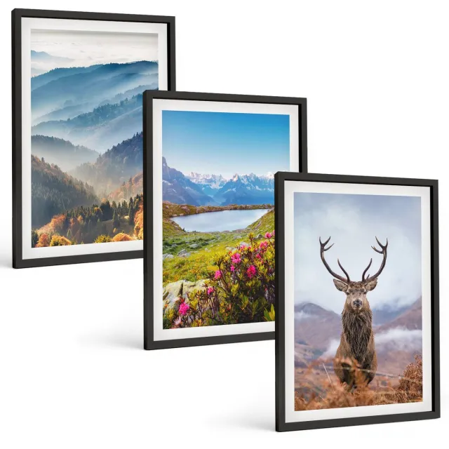 Coloray 3-Delige Schilderij Set - Berglandschappen Met Meer En Herten In De Natuur - 40 x 60 cm - Muurdecoratie - Schilderijen Set - Woonkamer Zwarte lijst