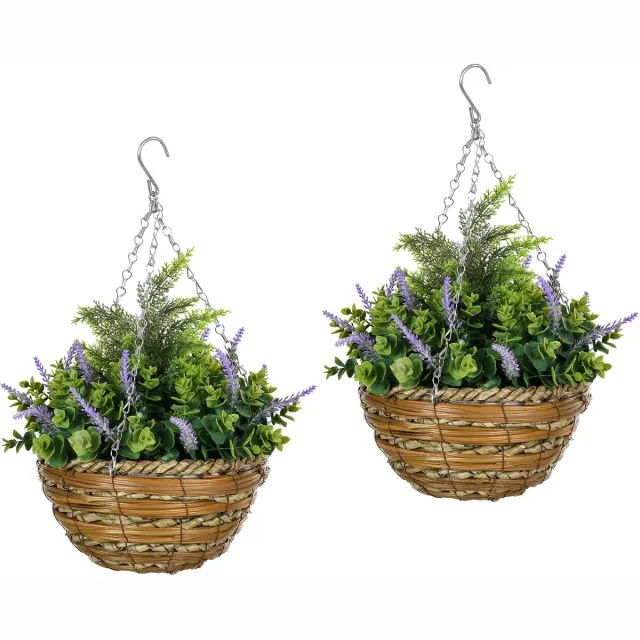 TEKROA Set van 2 Kunst Kunstplant - Hangplanten met Paarse Bloemen - Inclusief Rieten Pot - Realistische Nepplant voor Binnen en Buiten