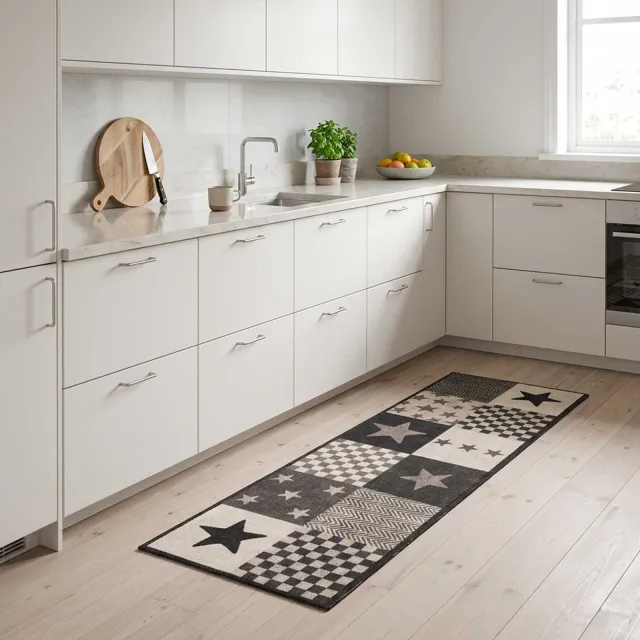 vidaXL Keuken Vloerkleed grijze sterren 150 x 45 cm 100% Polyamide Grijs