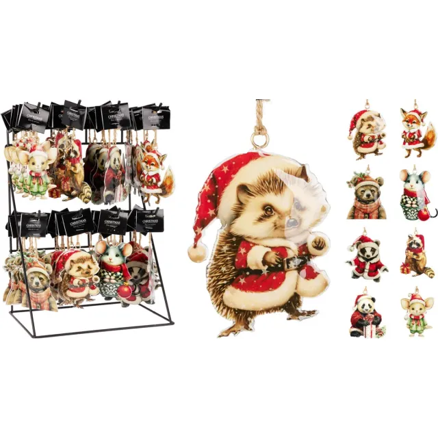 Home & Styling Kerst - Dier met kerstmuts - Set van 8 - Kerstboomdecoratie - Hangers - 10cm Multi