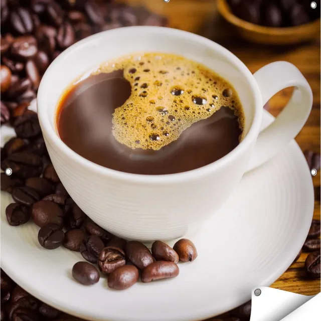 Gards Tuinposter Kopje Koffie met Koffiebonen - 90x90 cm - Tuindoek - Tuindecoratie - Wanddecoratie buiten - Tuinschilderij Multikleur