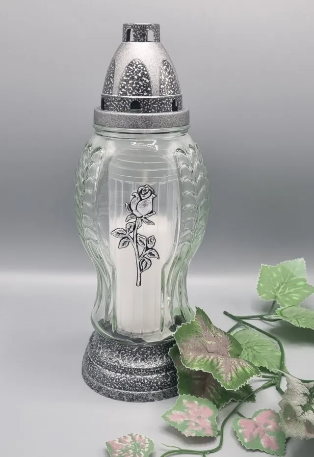 Lubema Herdenkingslicht - R509b - Zilver - Roos - Grafkaars – Graflicht – Graflantaarn – Grafdecoratie - Windlicht