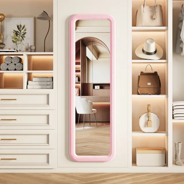 ROSAHQNDA Roze rechthoekige wandspiegel 160x50 cm - Grote passpiegel met zacht fluwelen frame, moderne decoratieve spiegel voor slaapkamer en kleedkamer Roze-Rechthoekige