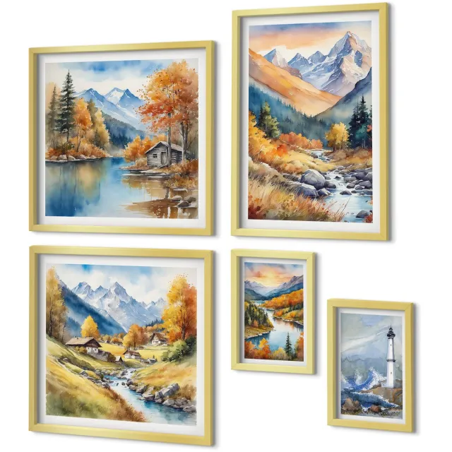 Coloray 5-Delige Schilderij Set - Berglandschappen Met Rivieren En Vuurtorens - 50 x 50 cm, 20 x 30 cm En 40 x 60 cm - Muurdecoratie - Interieur Decoratie - Woonkamer Decoratie Gouden lijst