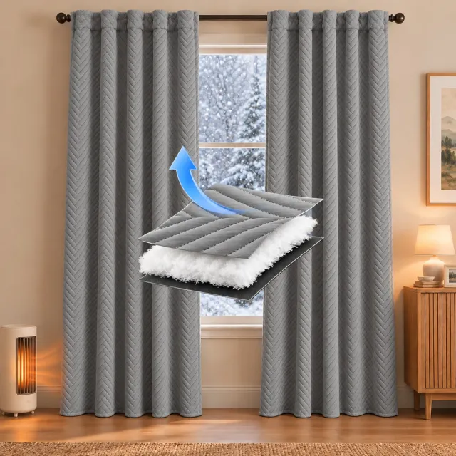 Qelus Thermisch Gewatteerd Gordijn - Isolerend Polyester Gordijnpaneel - Grijs - 140 x 260 cm - 1 Stuk - Met Multifunctionele Plooiband en Koord - Voor Woonkamer en Slaapkamer - Raamdecoratie Binnen