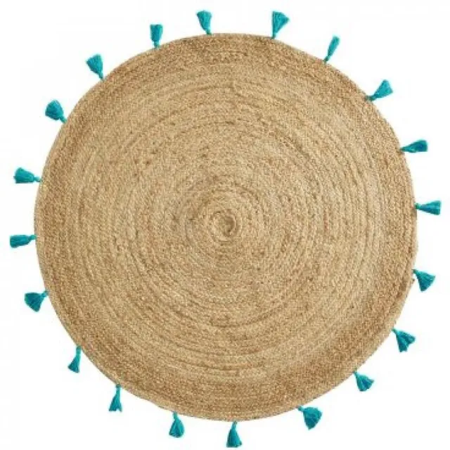 Douceur d intérieur Douceur d’Intérieur Rond Jute Vloerkleed – Naturel/Turquoise – Ø120 cm – Boho naturel,turquoise