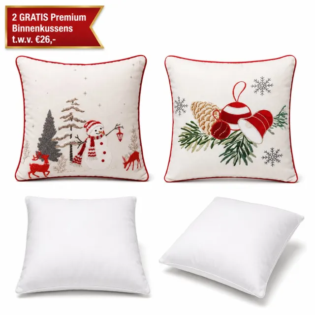 Urbane Hide Kerstkussen Set van 2 Kussenhoezen incl. Gratis Kussenvulling - Kerst Kussenhoes - Vierkant Kussenhoesjes - Kerstkussens met Wintertafereel Borduurwerk - 45x45 cm - 100% Katoen - Voor Binnen - Wit & Rood Rode Kerst
