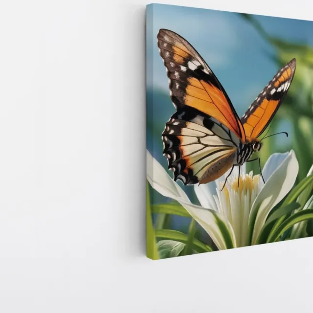 Saammp Canvas Schilderij -Vlinder op witte bloem - Dieren - 60x60 - Foto op canvas - Wanddecoratie - muurdecoratie Woonkamer - Slaapkamer decoratie - Canvas Print Multicolor