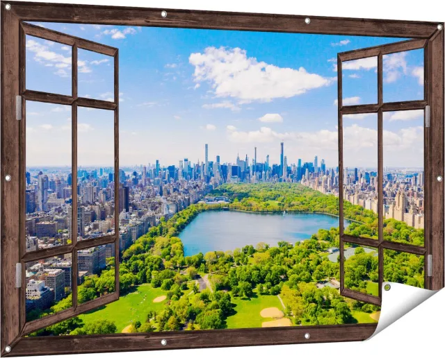 Gards Tuinposter Doorkijk Central Park in New York met Wolkenkrabbers - 150x100 cm - Tuindoek - Tuindecoratie - Wanddecoratie buiten - Tuinschilderij Donker bruin