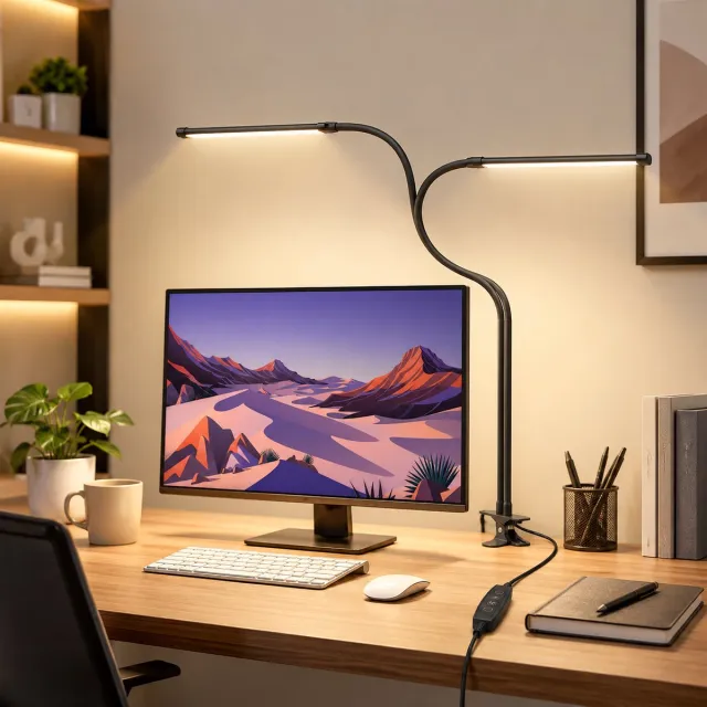 MUPOO Bureaulamp LED met Klem - Dimbare Werklamp met 2 Lampkoppen & 2×70 cm 360° Flexibele Zwanenhals - Monitor Lamp met 10 Helderheidsstanden en 3 Lichtkleuren - Klemlamp-Hobbylamp voor Kantoor, Studie, Handwerk en Thuiswerk - USB Zwart