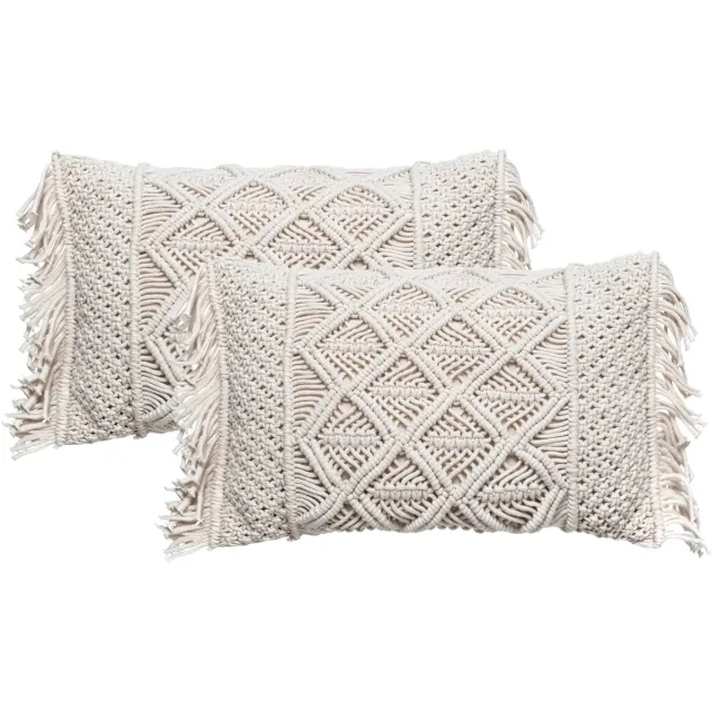 Atmosphera Sierkussen Macrame Ibiza voor binnen - 2x - ivoor wit - 30 x 50 cm - katoen/polyester Ivoorwit