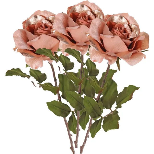 Top Art Kunstbloem roos Glamour - 3x - zalm met goudkleur - satijn - 61 cm - kunststof steel - decoratie bloemen Zalmroze