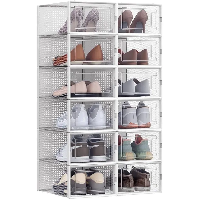 Famanu Schoenendozen, set van 12, opbergdozen voor schoenen, schoenopberger, kunststof dozen, vouwbaar en stapelbaar, voor schoenen tot, transparant-wit ransparant + wit