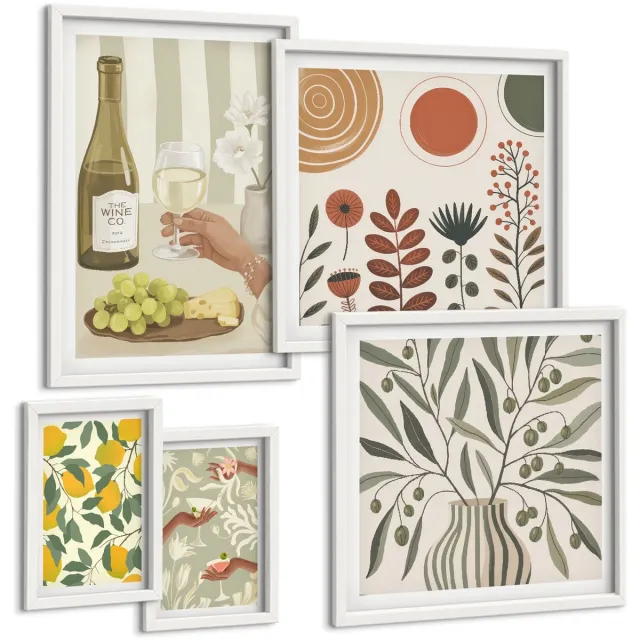 TULUP 4-Delige Schilderij Set - Stijlvolle decoraties in een sfeer van wijn en planten. - 50 x 50 cm, 20 x 30 cm en 40 x 60 cm - Stijlvolle Muurdecoratie - Kantoor - Woonkamer Decoratie Witte lijst