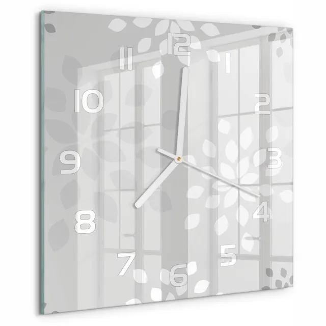 TULUP Wandklok - Bloemenpatroon Moderne Wandklok Glas - 30x30 cm - Grijs Wandklok Glas Decoratie - Witte handen - Vierkante Klok - Glazen Wandklok Design - Klok Glas Met Opdruk
