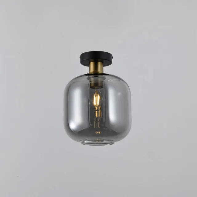 LUSENZ Plafondlamp Xirena vetro fumé - Met een bol van rookglas en een zwarte metalen plafondplaat - Zonder lichtbron Zwart / Messing