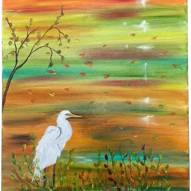 Galerie de voorst Olieverf Schilderij Witte Reiger – Handgeschilderd Kunstwerk – 40 x 50 cm – Riek van de Bor wit, oranje, bruin, groen