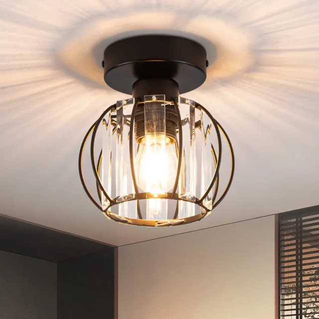NETTLIFE Plafonnière - 1xE27 - Plafondlamp - Modern - Zwart - Metaal en kristal - Ø 15cm - ovale Hal lamp - voor woonkamer | gang | keuken | balkon - Zonder lamp