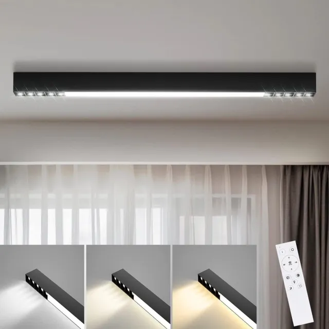 NETTLIFE Plafondlamp - 107CM - LED Plafondverlichting - Dimbaar - Zwart - Lange Bureaulamp - 32W moderne Lamp - met Afstandsbediening - voor Slaapkamer | Keuken | Woonkamer