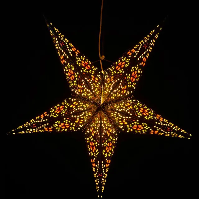 MoreThanHip Kerstster papier met verlichting - 60 cm diameter, 24 cm diep - Kerst ster voor binnen - Jaipur Oranje/Geel - FSC papier - Incl. USB-LED-verlichtingsset (5 m. snoer, schakelaar en bevestigingsclip) - Raamdecoratie - Kerstversiering