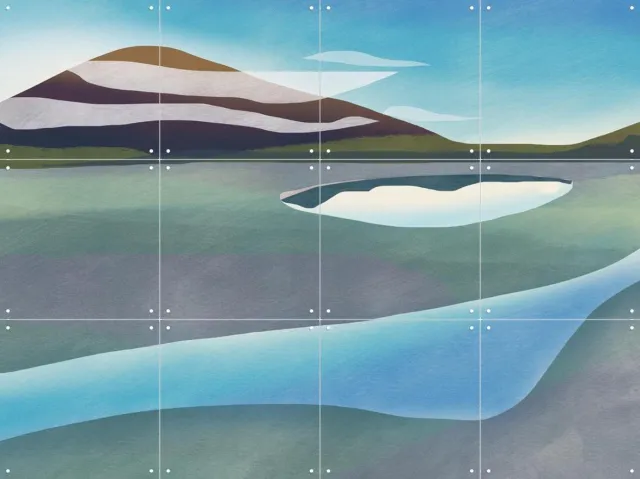 IXXI Serene Abstract Landscape, Little Dean & Various - 80 x 60 cm - Grote wanddecoratie en posters - Abstract, Minimalisme, Kleurrijk, Digitale Grijs / Blauw / Groen