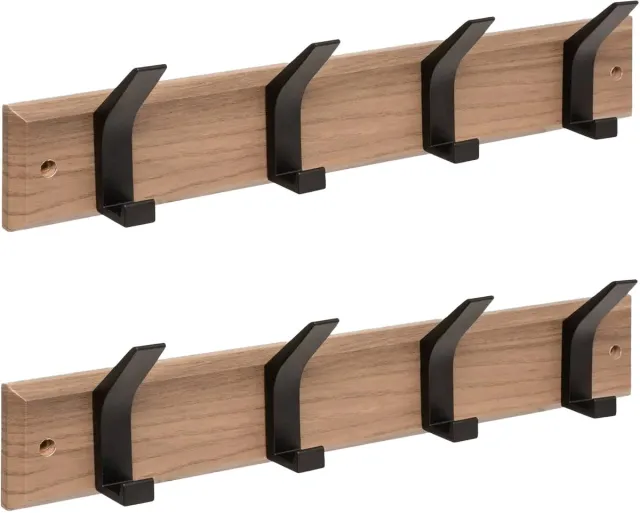 5Five Kapstok - 2x - 4 ophang haken - RVS - bruin/zwart - 45 x 10 cm - wandkapstok - voor hal of badkamer