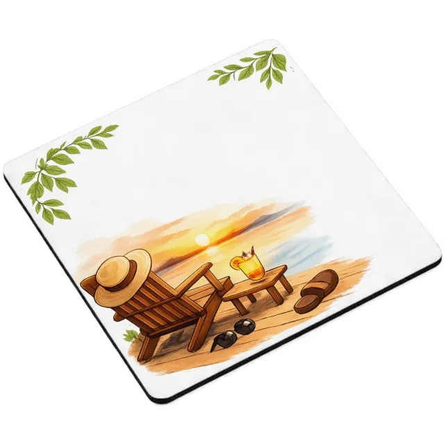 Mr Cadeautjes MDF magnetische fotolijst vierkant 9,5 - design Een vrolijke vrije-tijdsscène in een ligstoel op het strand | cadeau Wit