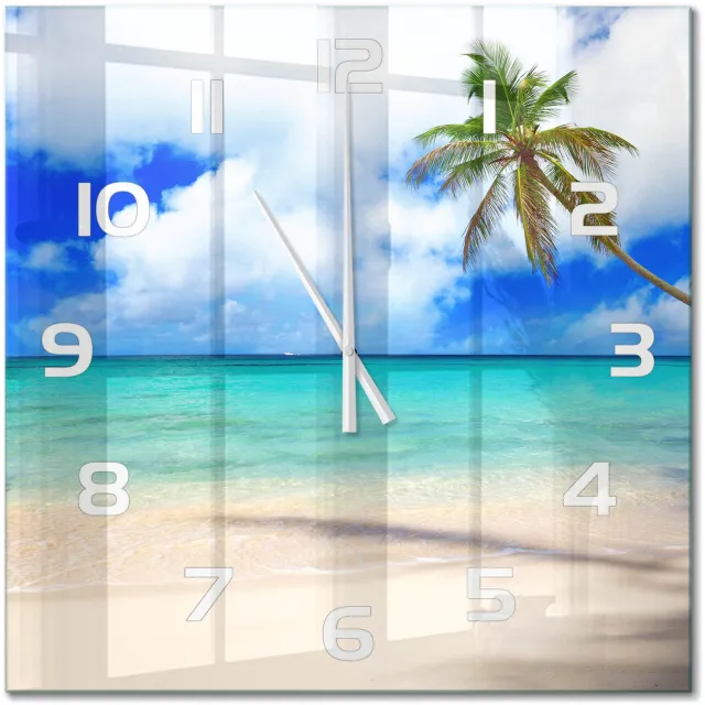 TULUP Wandklok - Caribisch strand Moderne Wandklok Glas - 60x60 cm - Blauw Wandklok Glas Decoratie - Witte handen - Vierkante Klok - Glazen Wandklok Design - Klok Glas Met Opdruk